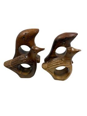 Hand-Carved Wooden Bird Napkin Rings Set Of 4 Vintage Decor Brown Tones